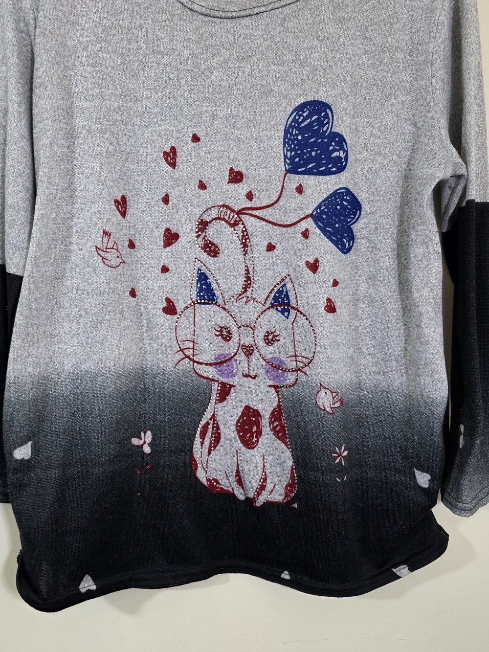 Kokirika Gray Ombre Cat Rhinstone Graphic Pullover With Scrunch Sides Size Large - Picture 7 of 15